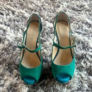 Boutique 9 sandal.  Suede.  Blue and green with silver heel bottom. Size 7